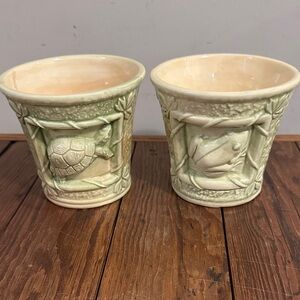 Turtle and Frog Embossed Green Ceramic Planter